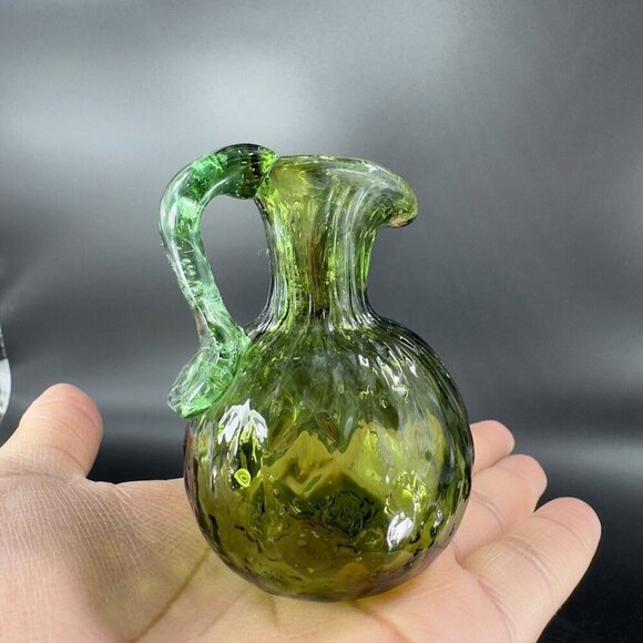Hand Made Art Glass Green Optic Jug Miniature Pitcher Hand Blown Glass Decor VTG - Picture 10 of 14